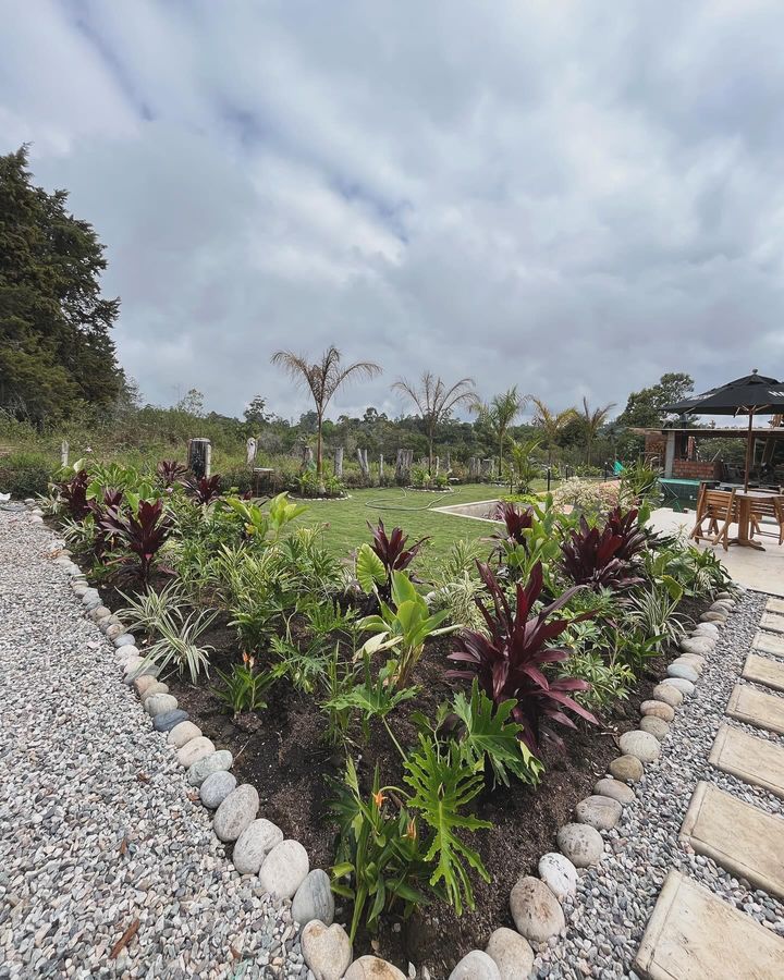 Isla de plantas tropicales con borde de piedra de río junto a un camino de gravilla