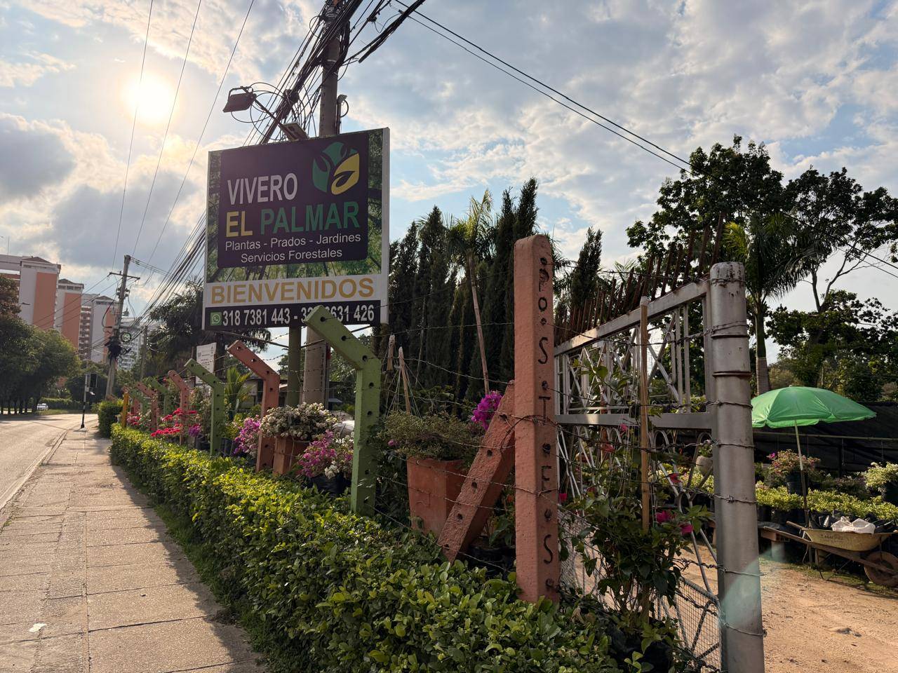 Entrada de Vivero El Palmar sobre el Anillo Vial, con el aviso de bienvenida y la cerca llena de flores